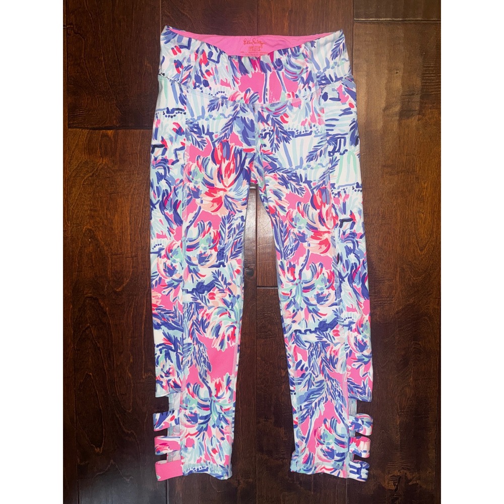 Lilly Pulitzer Luxletic XS Tropical Floral Strappy Ankle Crop Leggings Pink Blue